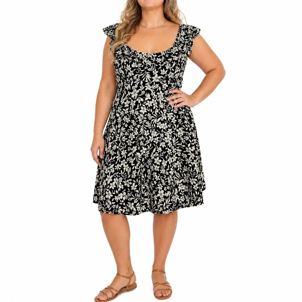 Old Navy Womens Black Cream‎  Floral Ruffle Sleeve Smocked Cami Sun Dress Large